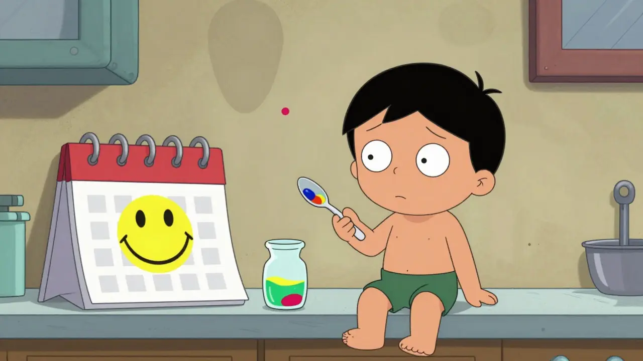 Child looking skeptically at medicine spoon with smiley face calendar nearby in cartoon style