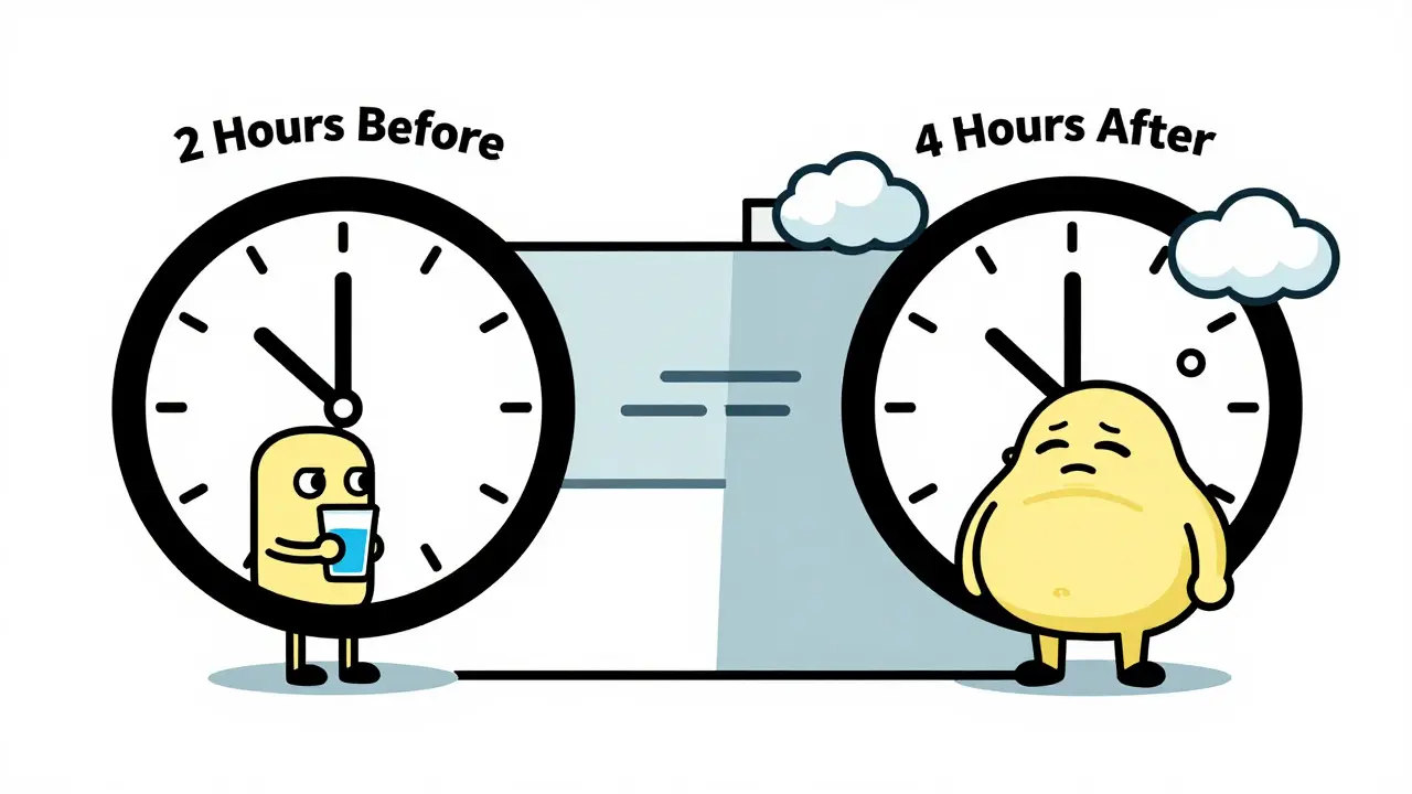 Clock showing time gaps between meds and fiber intake