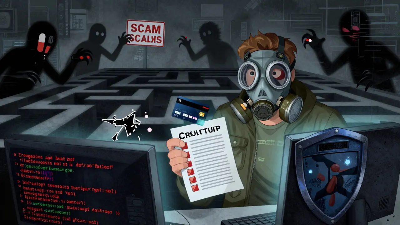 Dark cartoon of a person avoiding scammer shadows while shopping for medicine online.