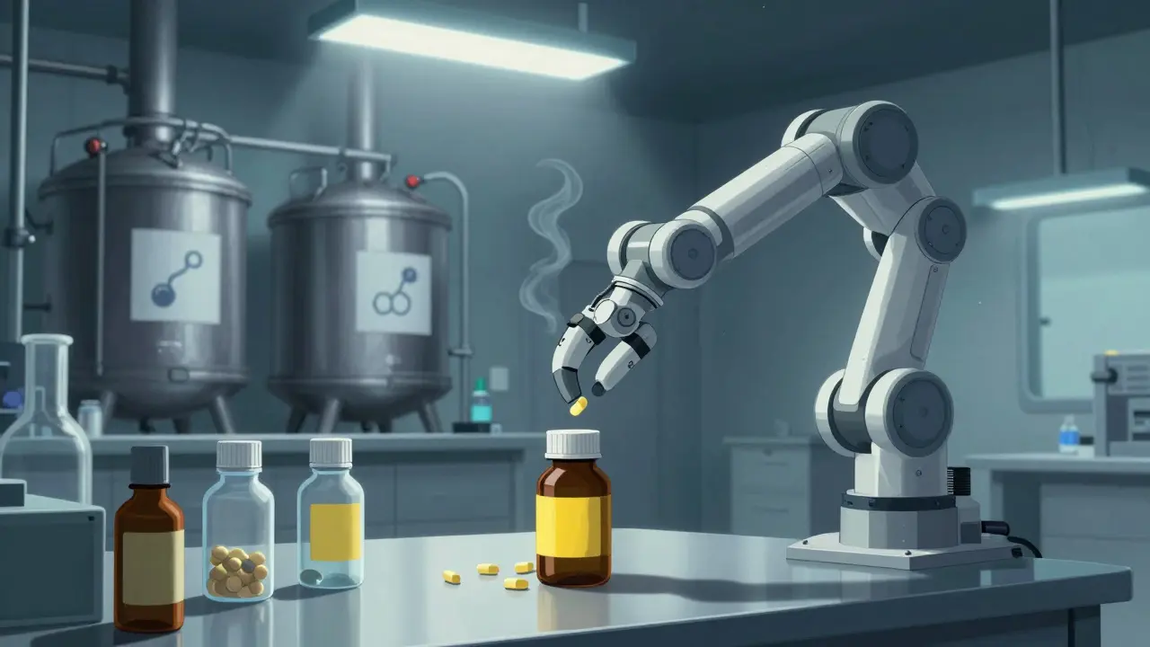 Dark industrial cartoon of automated pill manufacturing with ominous steam