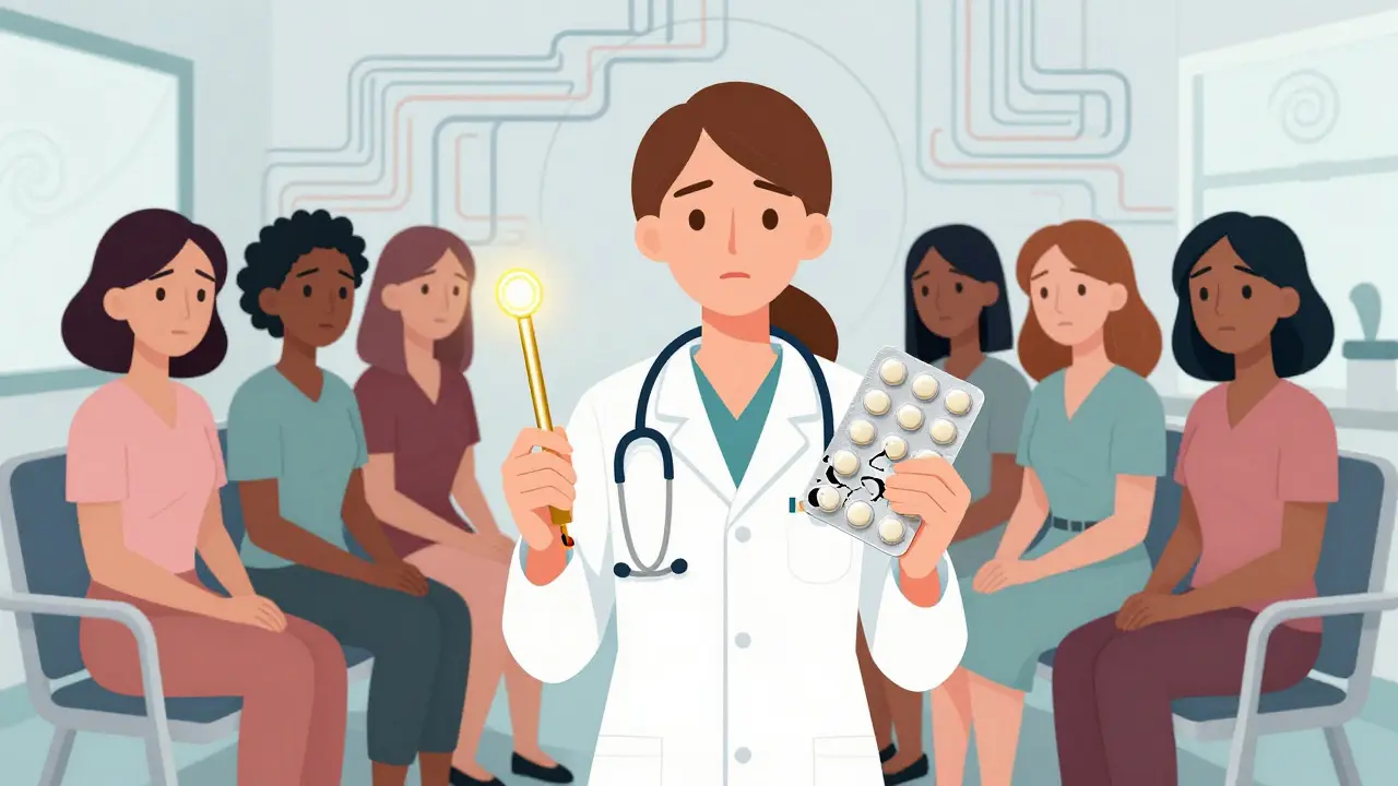 Doctor presenting IUD vs failing pills to patients in stylized clinic