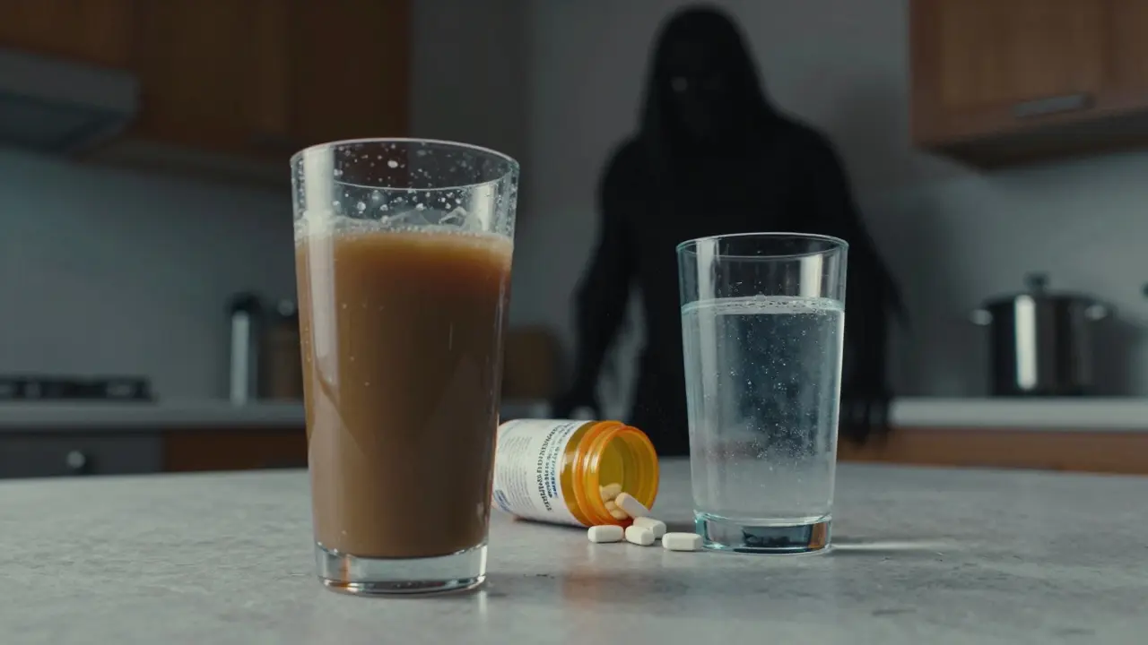 Glass of fiber mix and pills on a kitchen counter