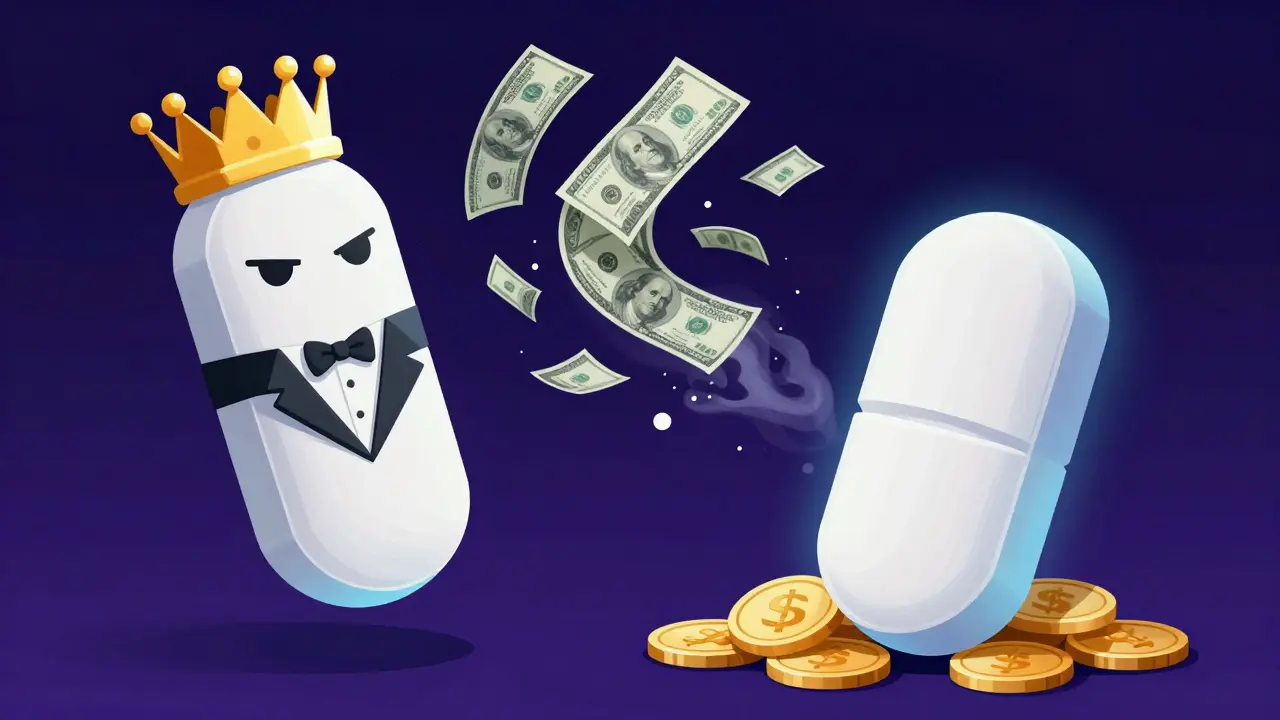 Illustration comparing a fancy branded pill to a glowing generic one with money piles.