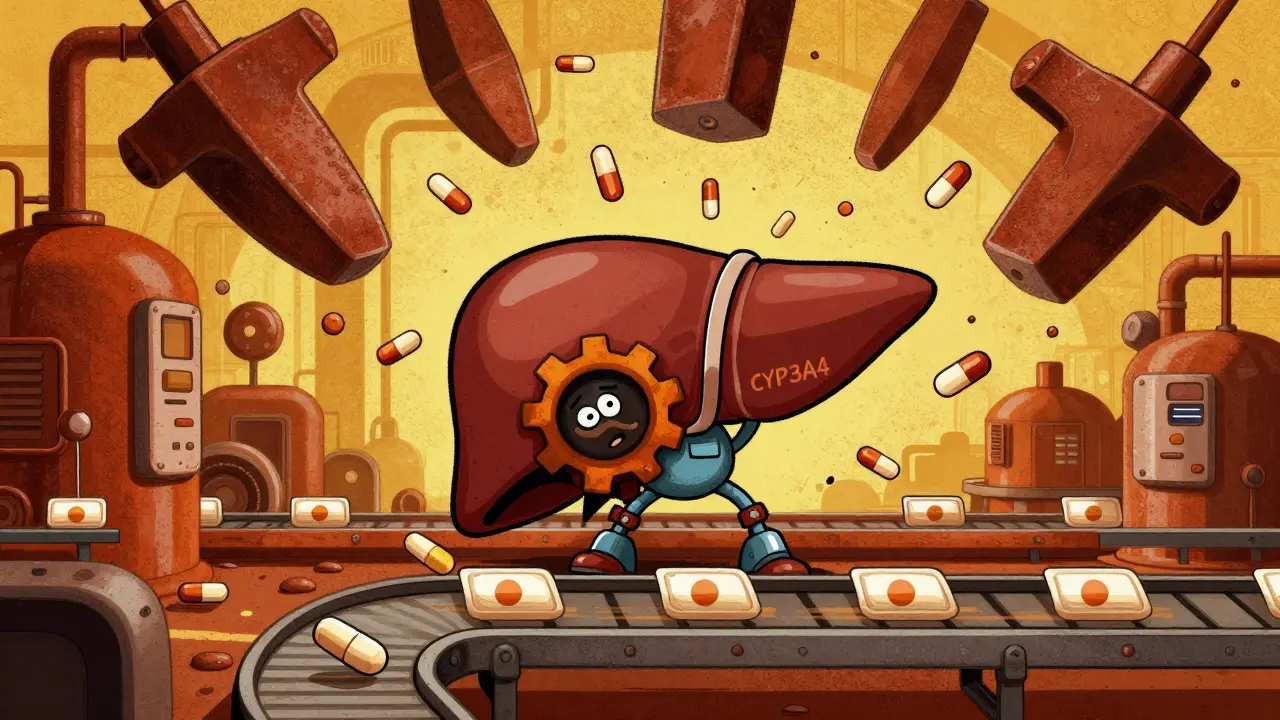 Surreal illustration of liver enzymes overwhelmed by HIV medication