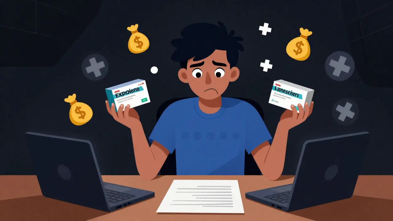 Teenager calculating medicine cost savings while comparing drug boxes in moody illustration