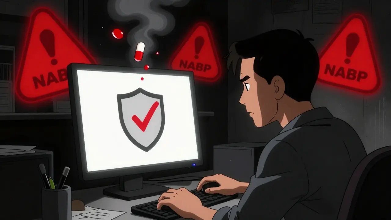User verifying online pharmacy safety while avoiding scam warnings