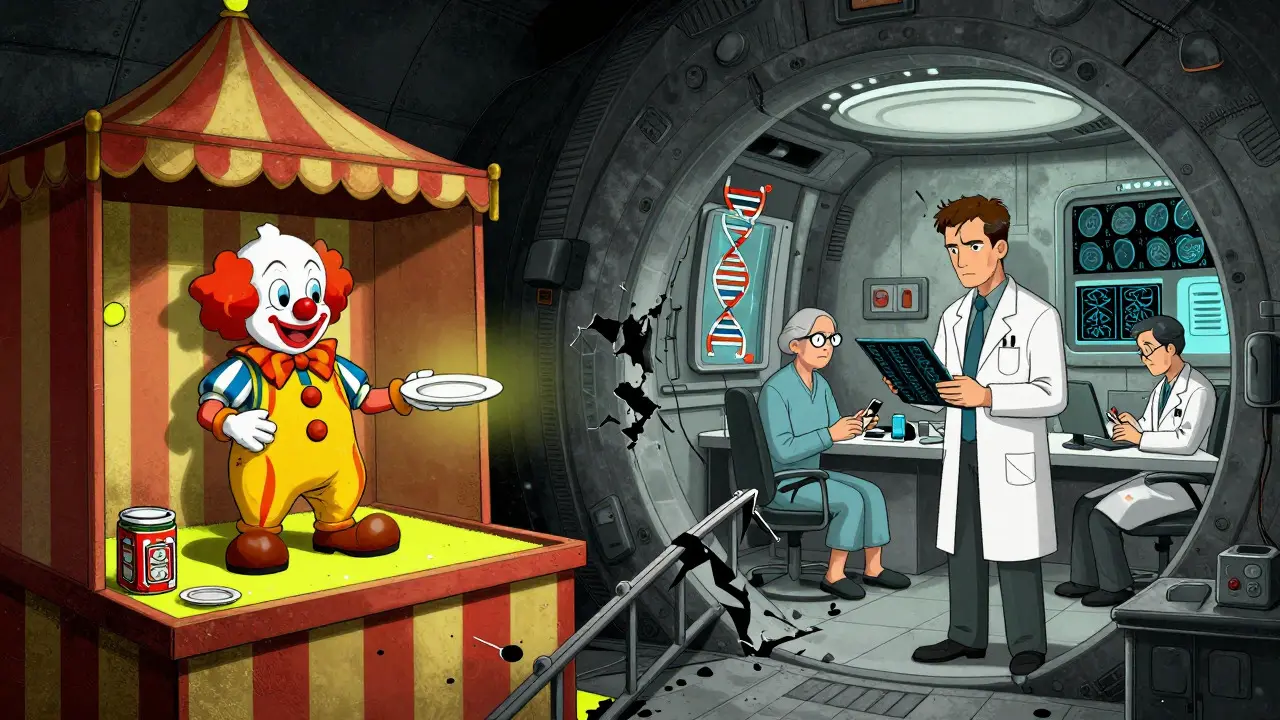 A satirical Adult Swim-style split-screen image contrasting a fake carnival-like commercial diet program with a serious, high-tech medical clinic, emphasizing the superiority of clinical care.