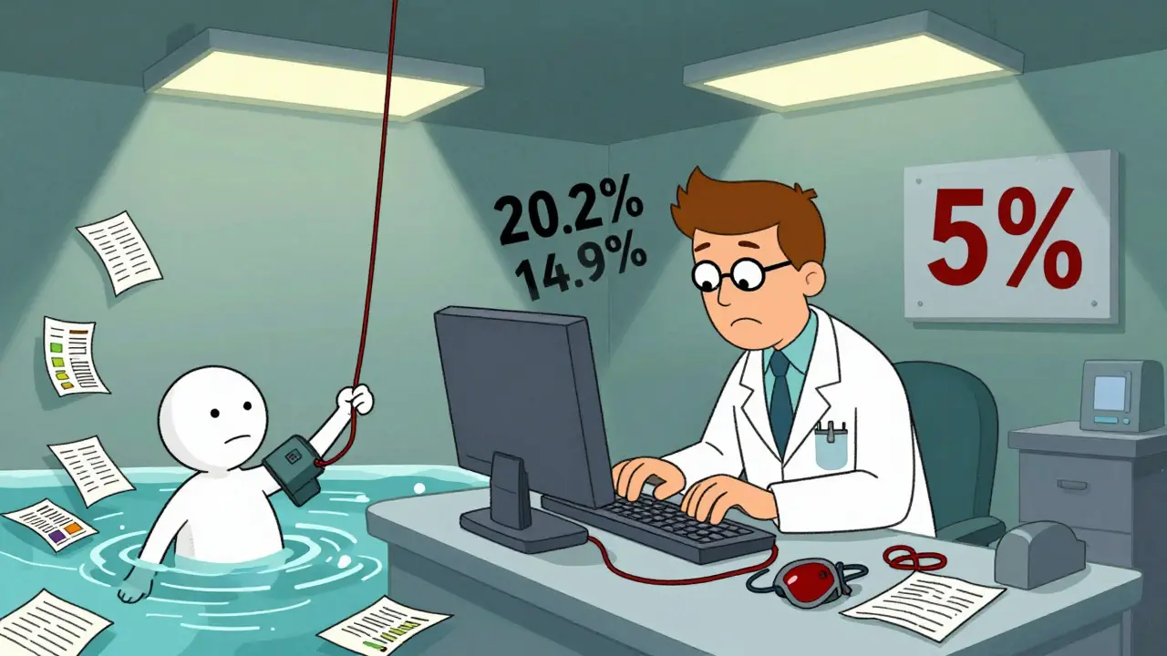 A surreal Adult Swim cartoon depicting a hybrid doctor-algorithm treating a patient overwhelmed by traditional diet advice, illustrating the shift toward data-driven medical interventions.
