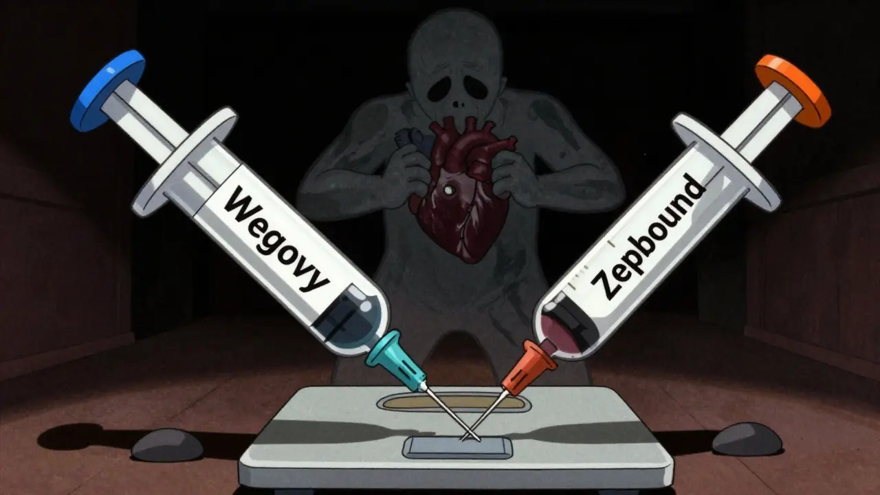 An intense, noir-inspired Adult Swim illustration featuring two personified syringes, Wegovy and Zepbound, boxing over a scale, symbolizing the competition between leading weight loss medications.