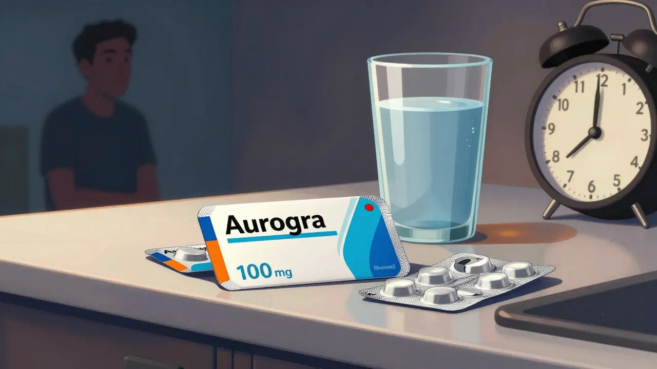 Aurogra blister pack and water on counter with waiting man silhouette