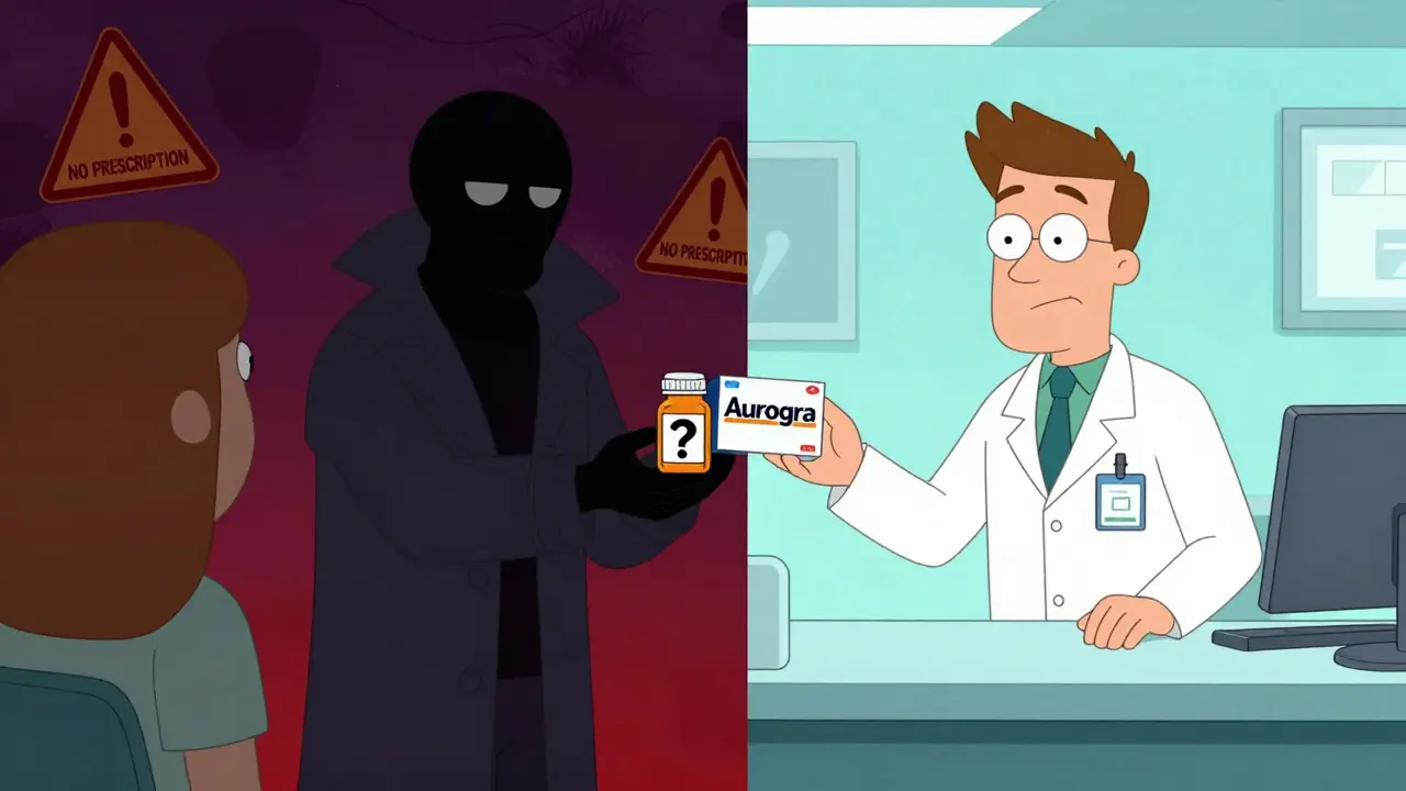Cartoon comparing shady scammer vs legitimate pharmacist selling pills
