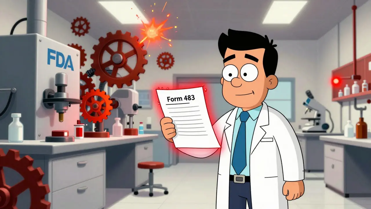 Cartoon FDA inspector holding glowing violation form amidst chaotic, sparking pharmaceutical machinery