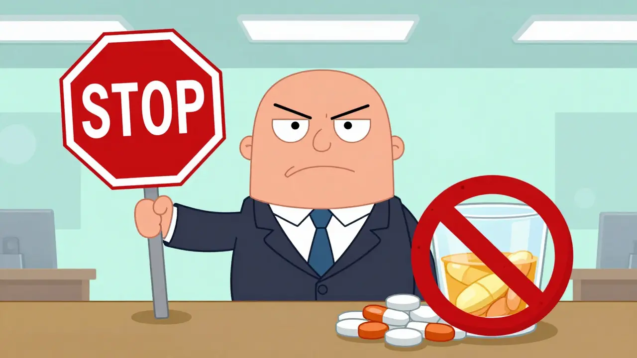 Cartoon liver warning against mixing painkillers with alcohol