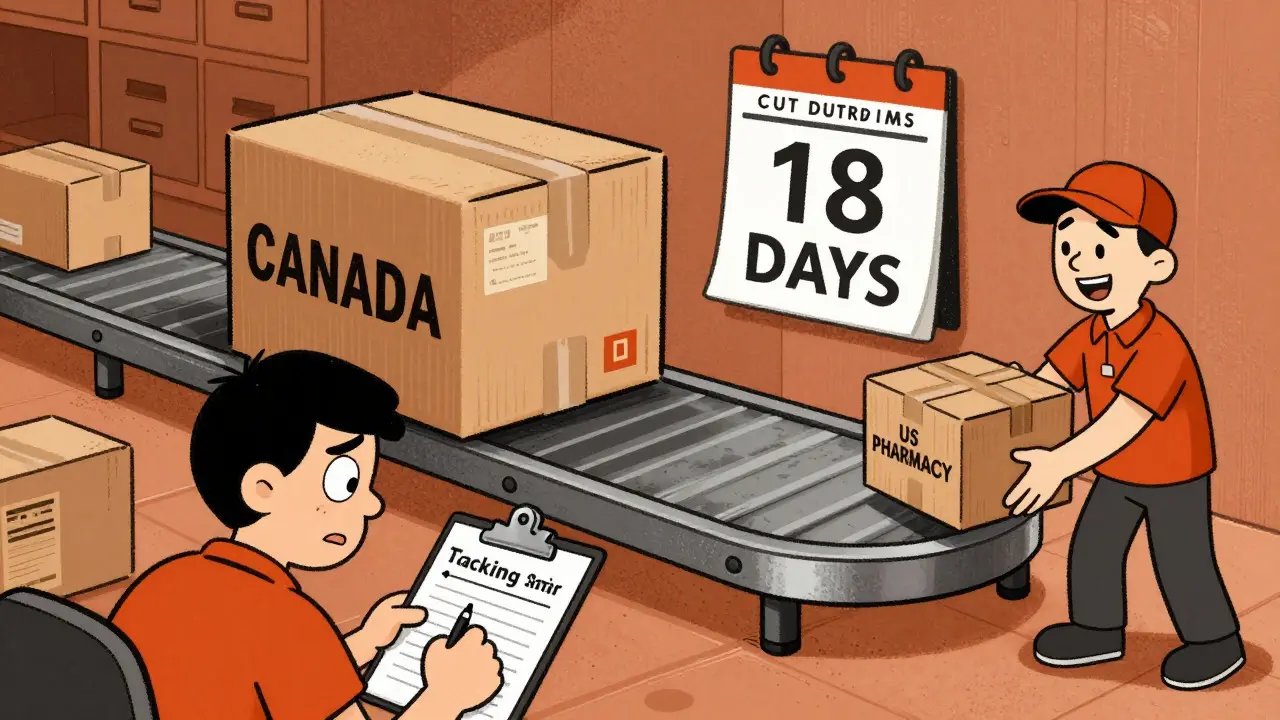 Cartoon mailroom comparing slow international vs fast US shipping