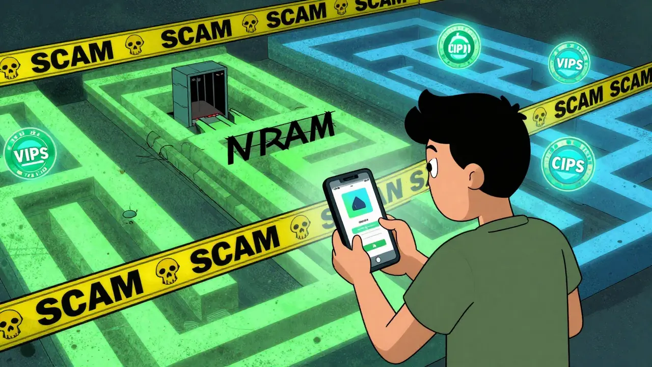 Cartoon of shopper navigating safe vs scam online pharmacy paths