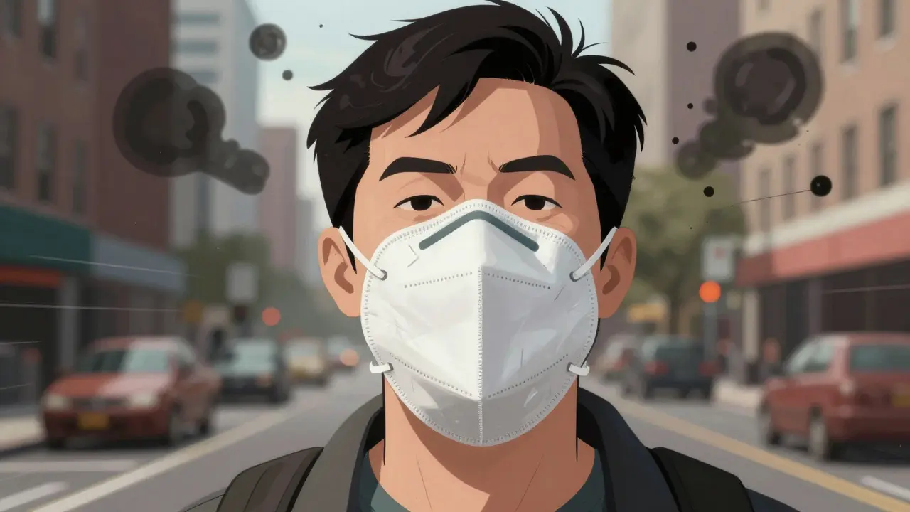 Close-up of person wearing N95 mask filtering out airborne pollutants