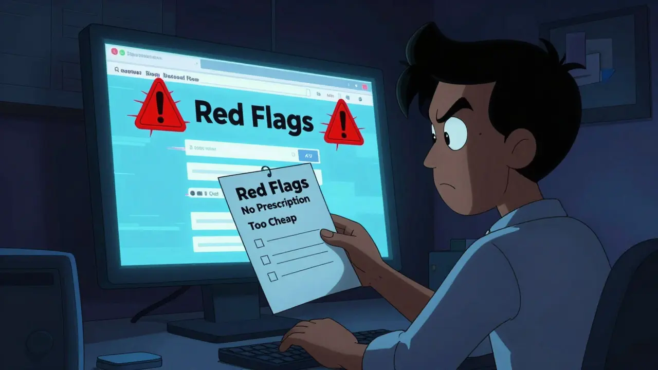 Detective checking red flags on fake pharmacy site