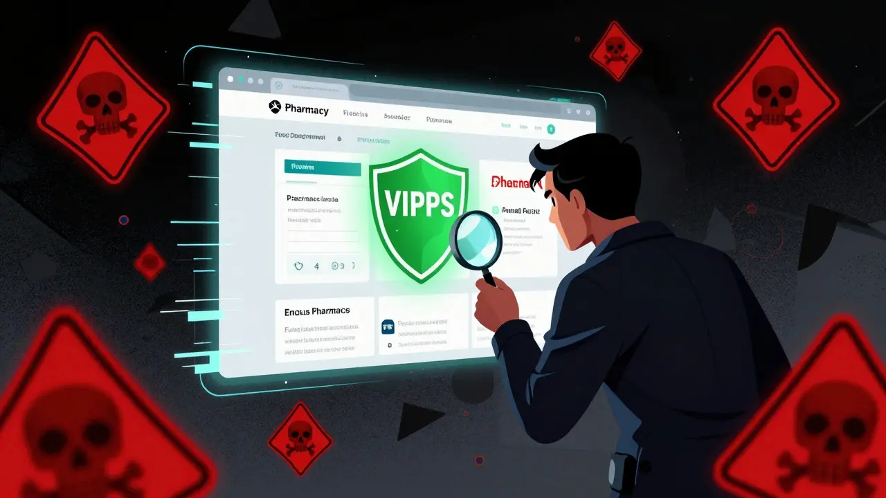 Detective inspecting safe vs fake online pharmacy websites