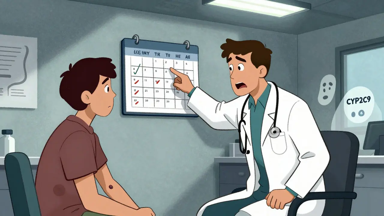 Doctor pointing at a calendar for frequent testing while a patient looks at a bruise, with ghost-like enzyme shapes in the background.