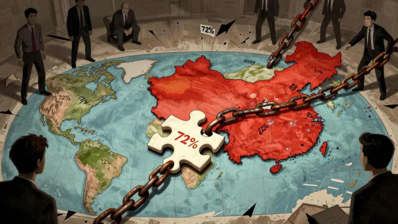 Illustration of India's pharma sector chained to China, showing heavy dependency on raw material imports