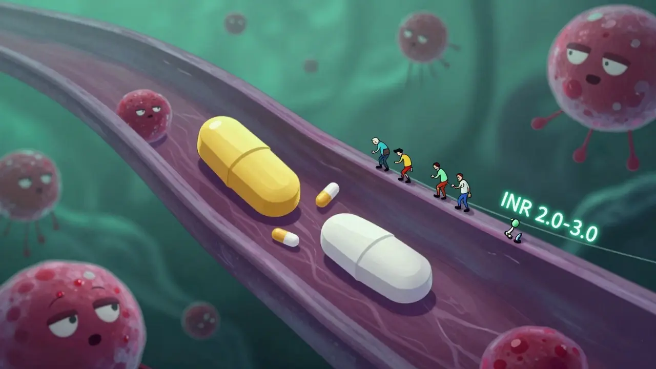 Microscopic view of two different warfarin pills dissolving in blood, with molecules balancing on a tightrope representing INR levels.