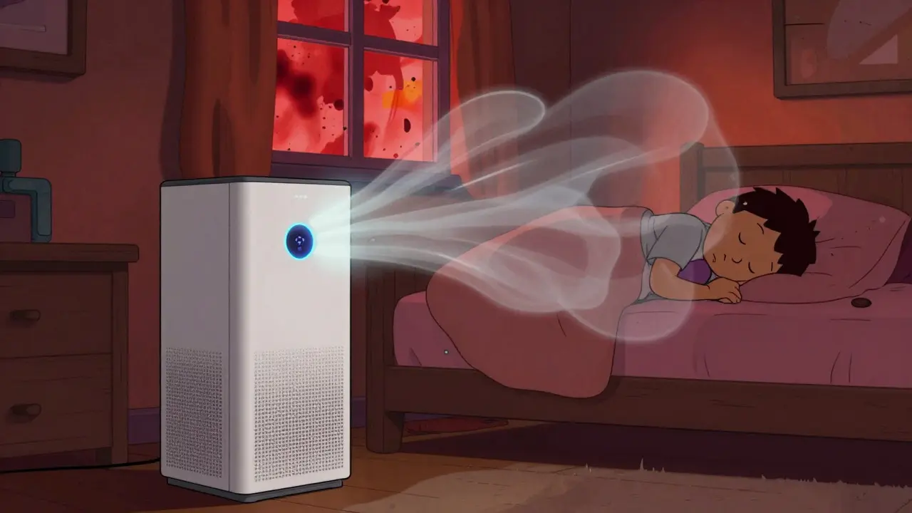 Person sleeping safely indoors near air purifier, blocking outdoor pollution