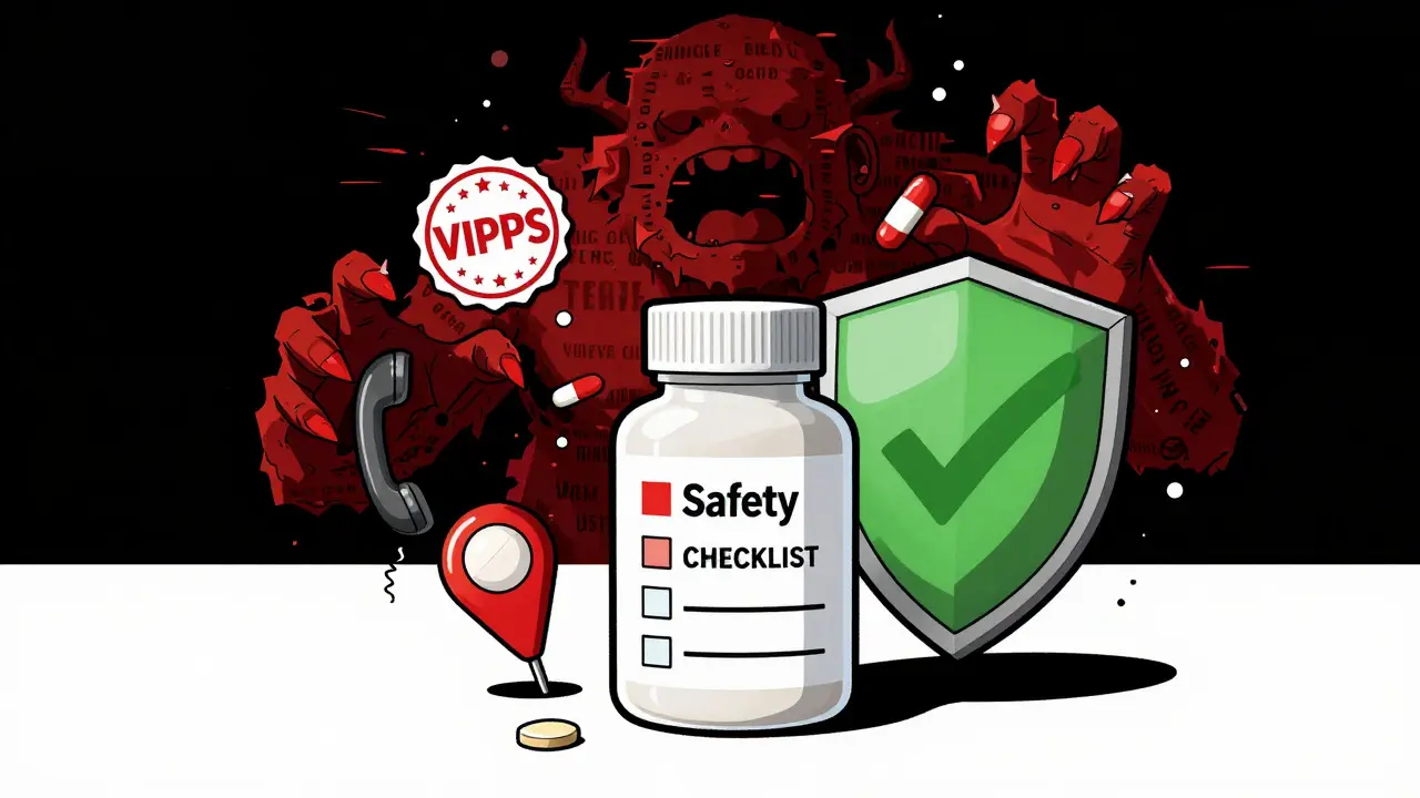 Pill bottle protected by safety seals from glitchy counterfeit monster