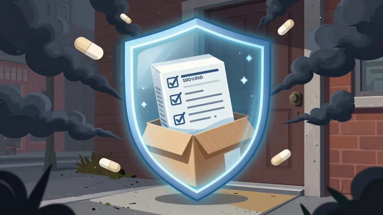 Safe medicine package protected from scam clouds at a doorstep