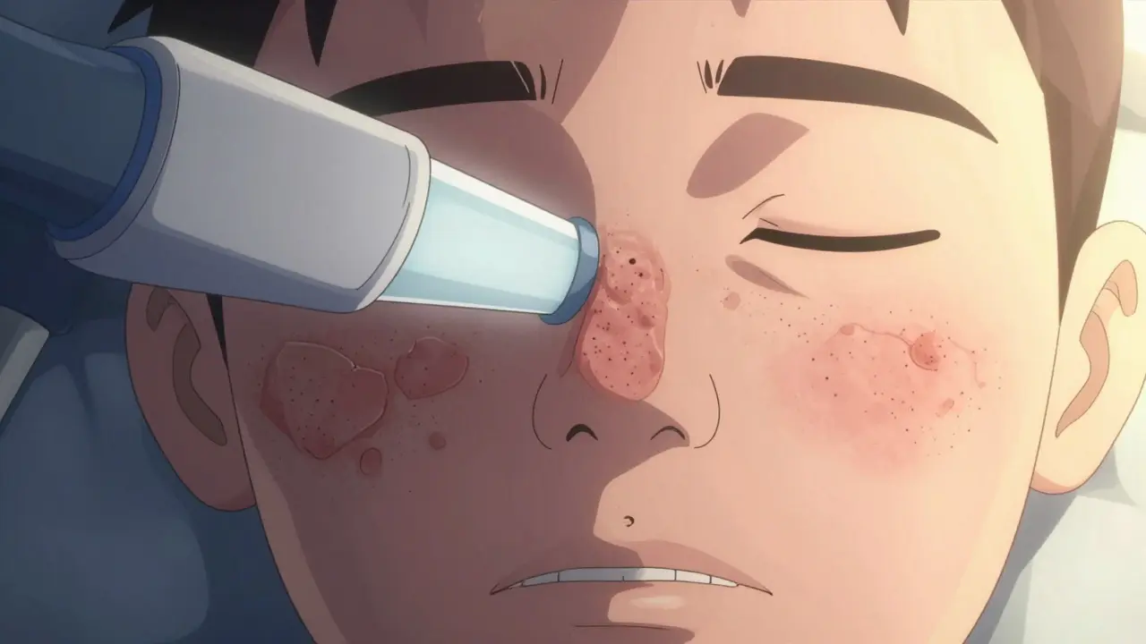 Split face showing acne scar treatment progress