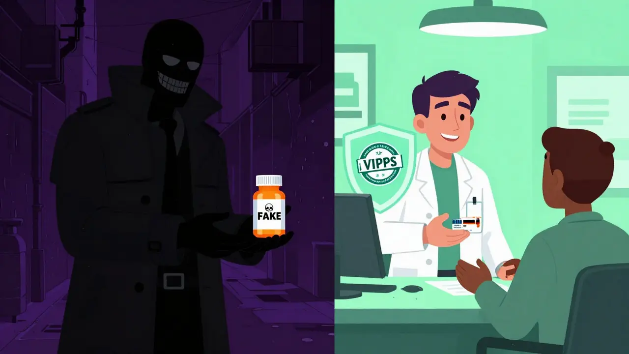 Split screen: shady fake pills vs safe pharmacy verification
