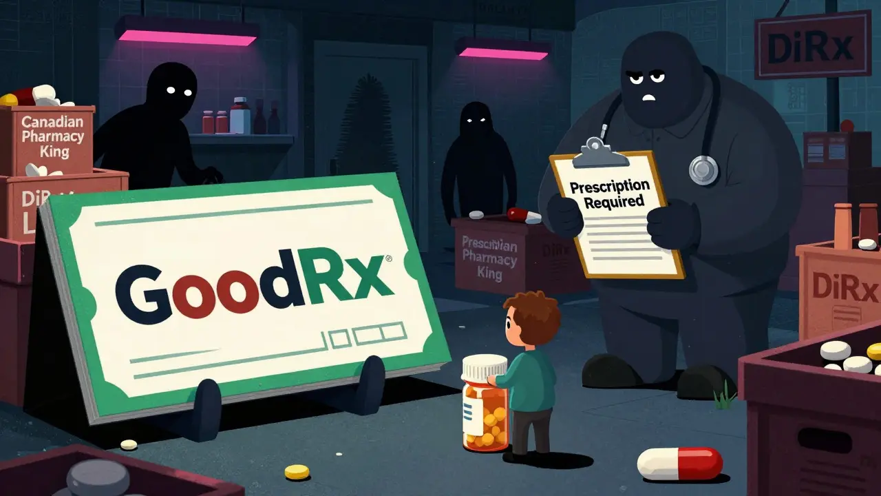 Surreal market showing good coupons vs shady pharmacy sellers
