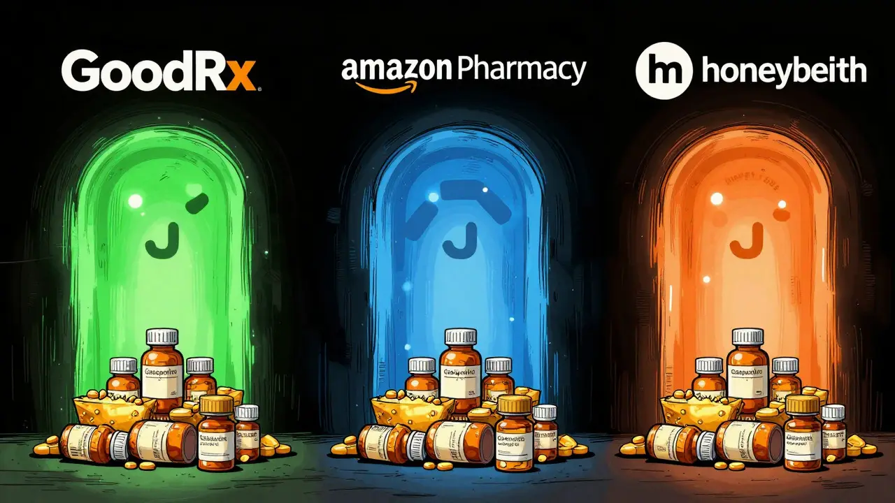Surreal portals showing cheap medication options as treasure