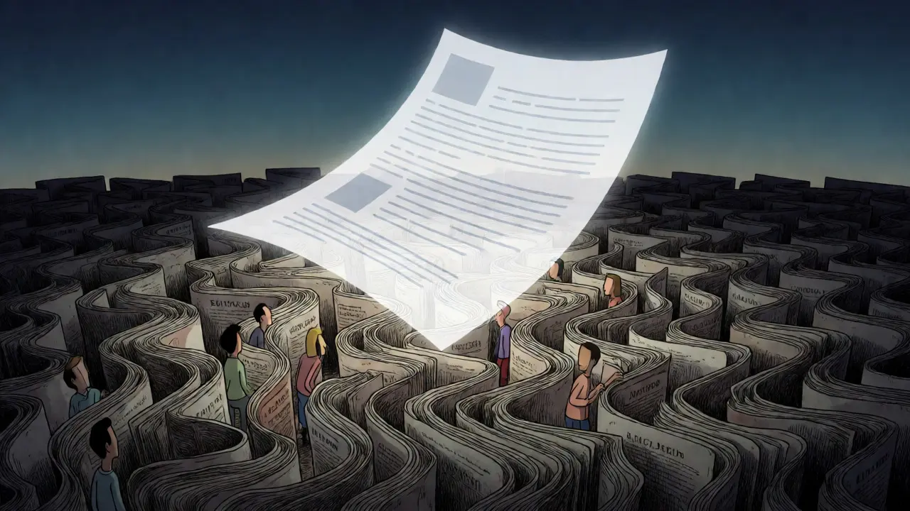 Abstract cartoon showing a clear one-page guide hovering over a maze of manuals.