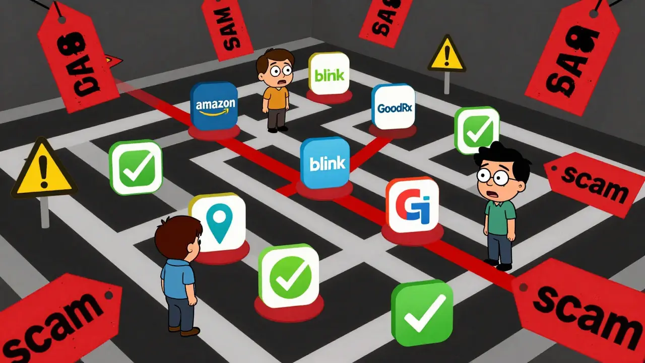 Cartoon maze of online pharmacy options and price comparisons