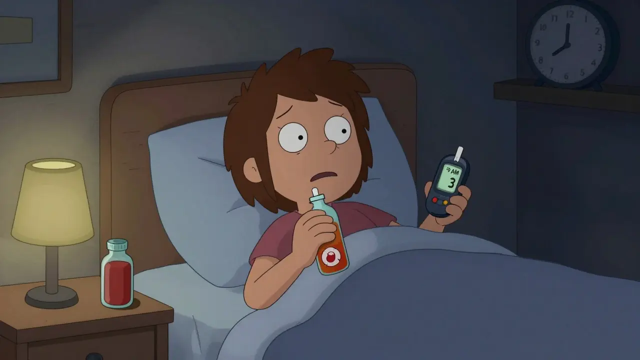 Cartoon of a diabetic waking up at 3 AM treating a delayed low blood sugar spike