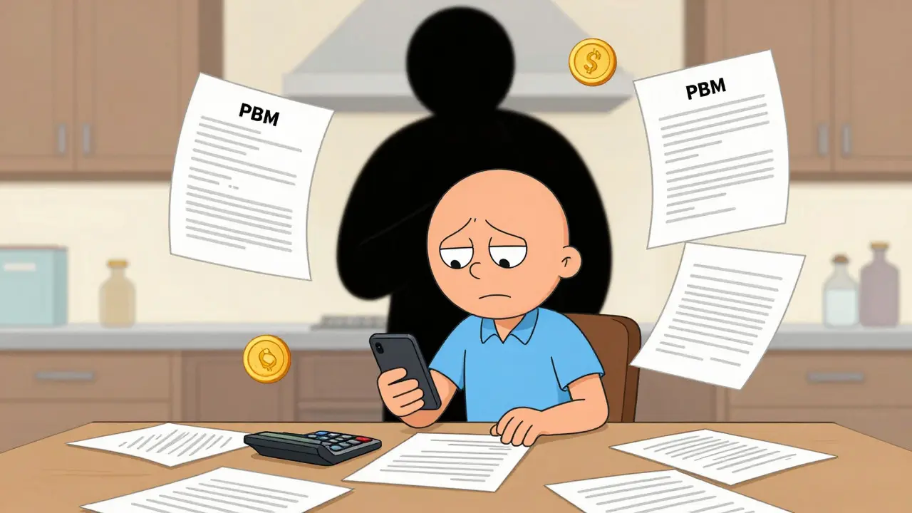 Cartoon of a person calculating medication costs at home with floating insurance symbols