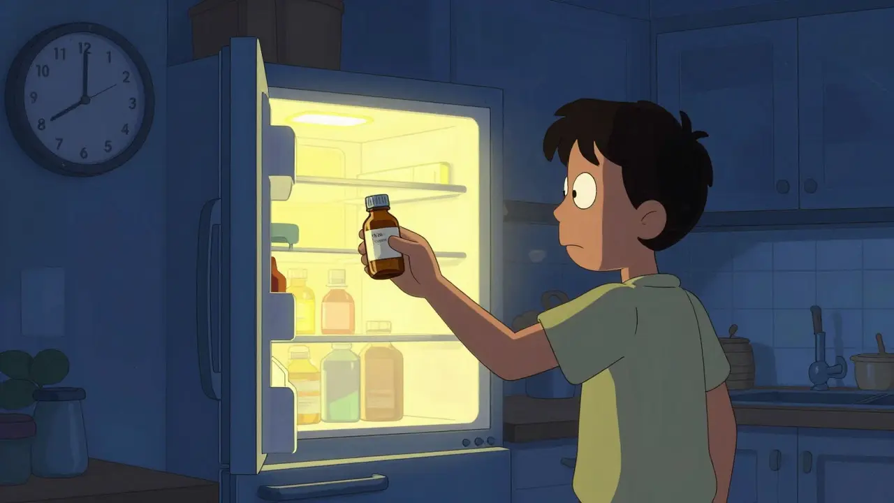 Cartoon of a person putting a medicine bottle into a refrigerator in a dim kitchen