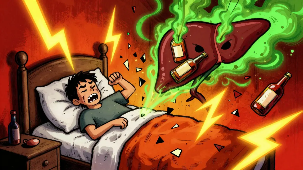 Chaotic sleep fragmentation caused by alcohol metabolism illustration