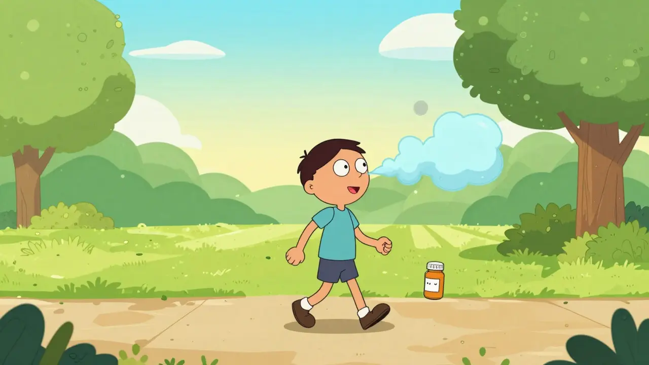 Character walking in a park with clear breath puffs and a floating pill bottle