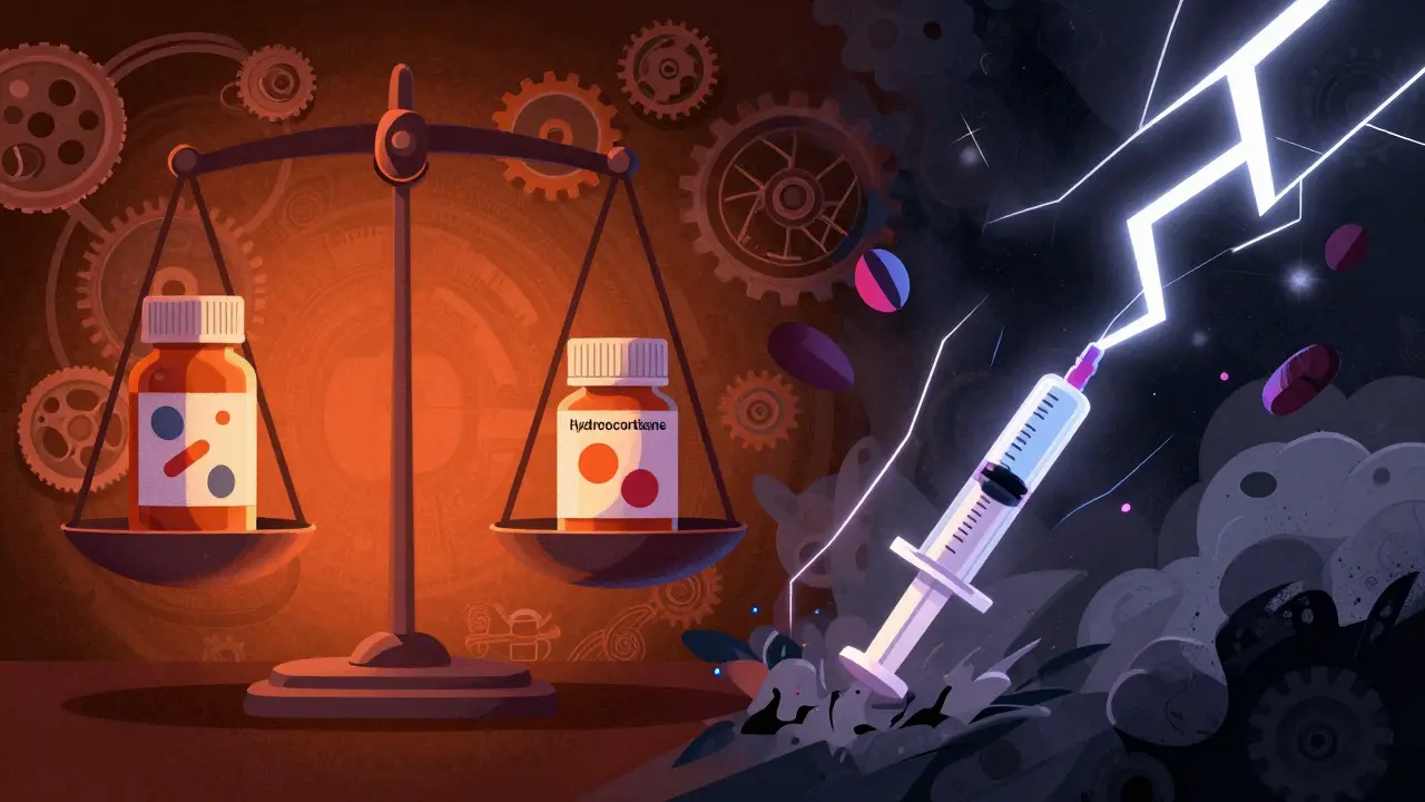 Conceptual art balancing hormone pills against an adrenal crisis storm.