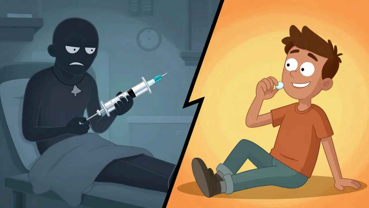 Contrast between old injection therapy and new pill treatment