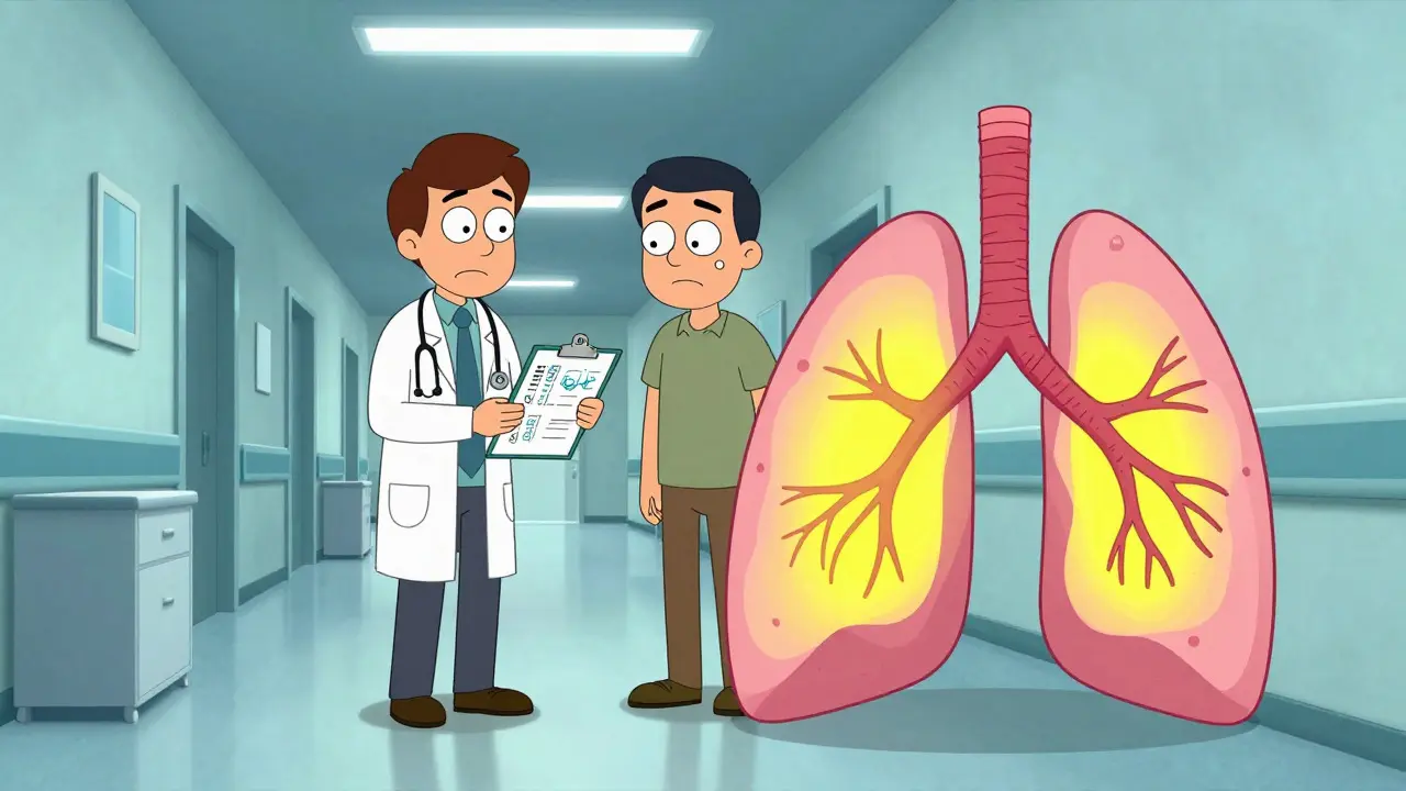 Doctor examining a patient near a stylized lung diagram in a hospital setting