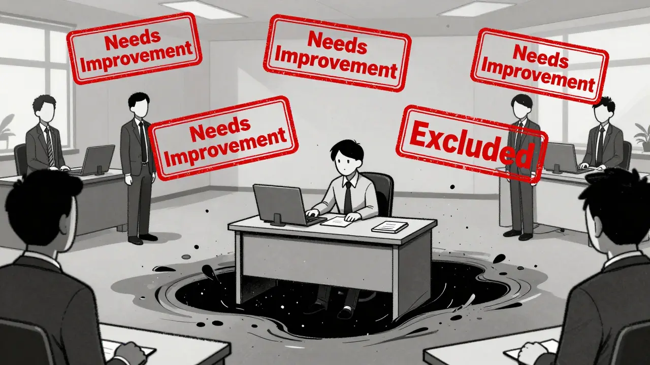 Employee surrounded by negative performance reviews in abstract void