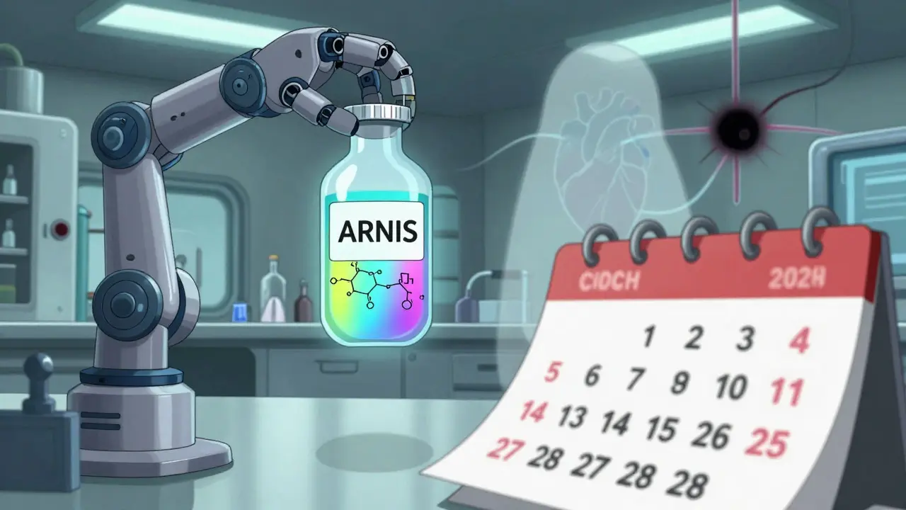 Futuristic lab scene with a glowing vial and a ghostly heart, symbolizing new BP treatments