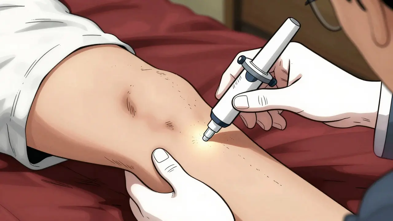 Hand administering epinephrine injection into thigh muscle