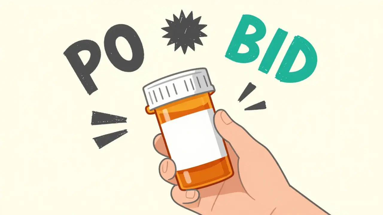 Illustration of a hand holding a pill bottle surrounded by abstract medical symbols