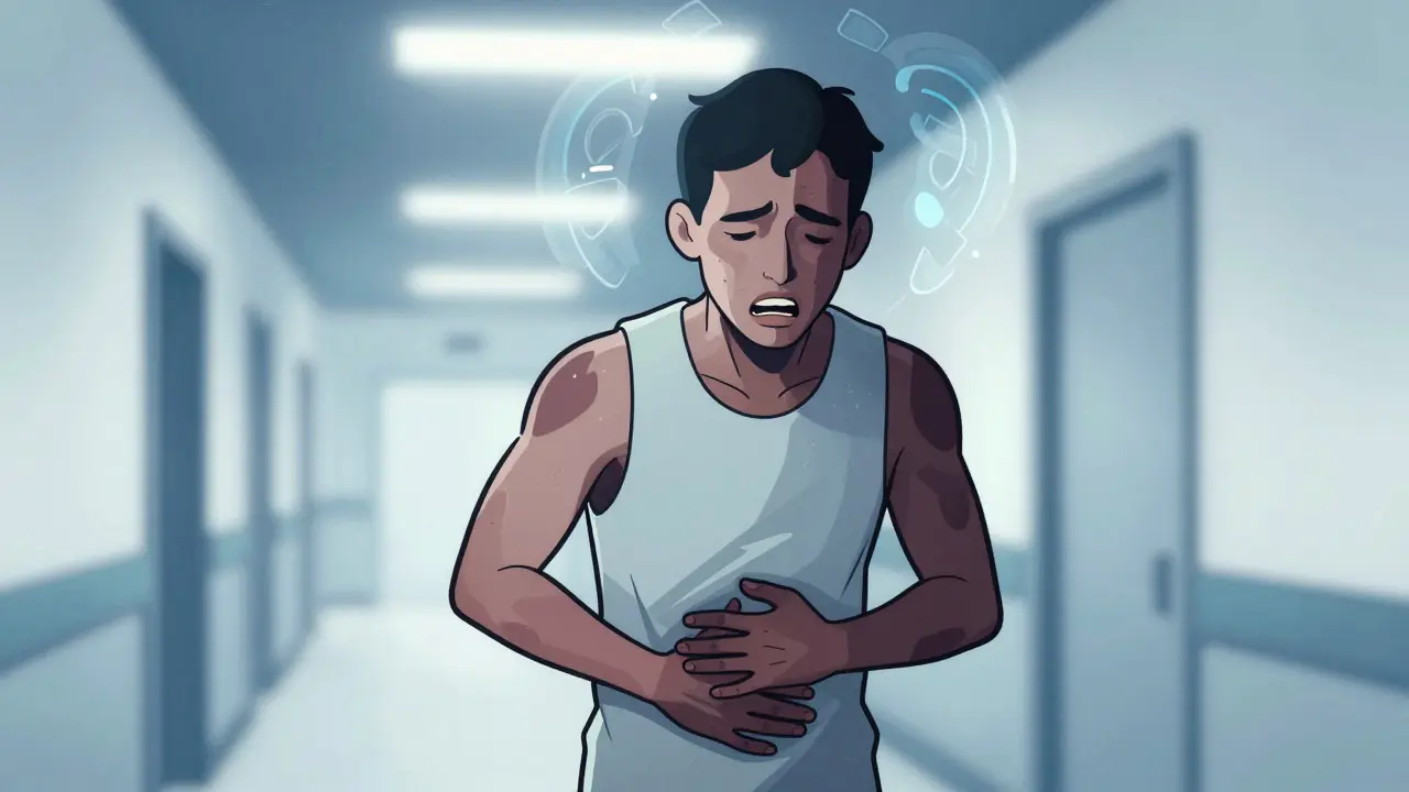 Illustration of a patient showing hyperpigmentation and weakness symptoms.