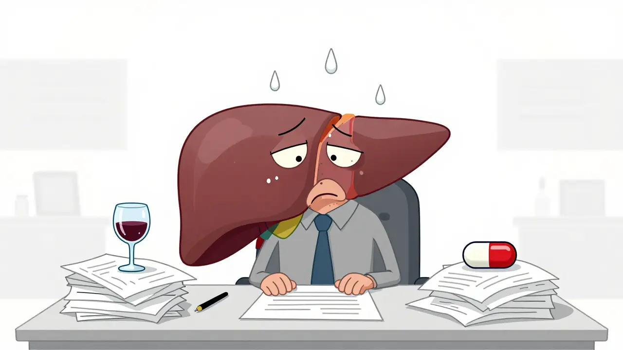 Illustration of an exhausted liver character juggling alcohol and medication tasks