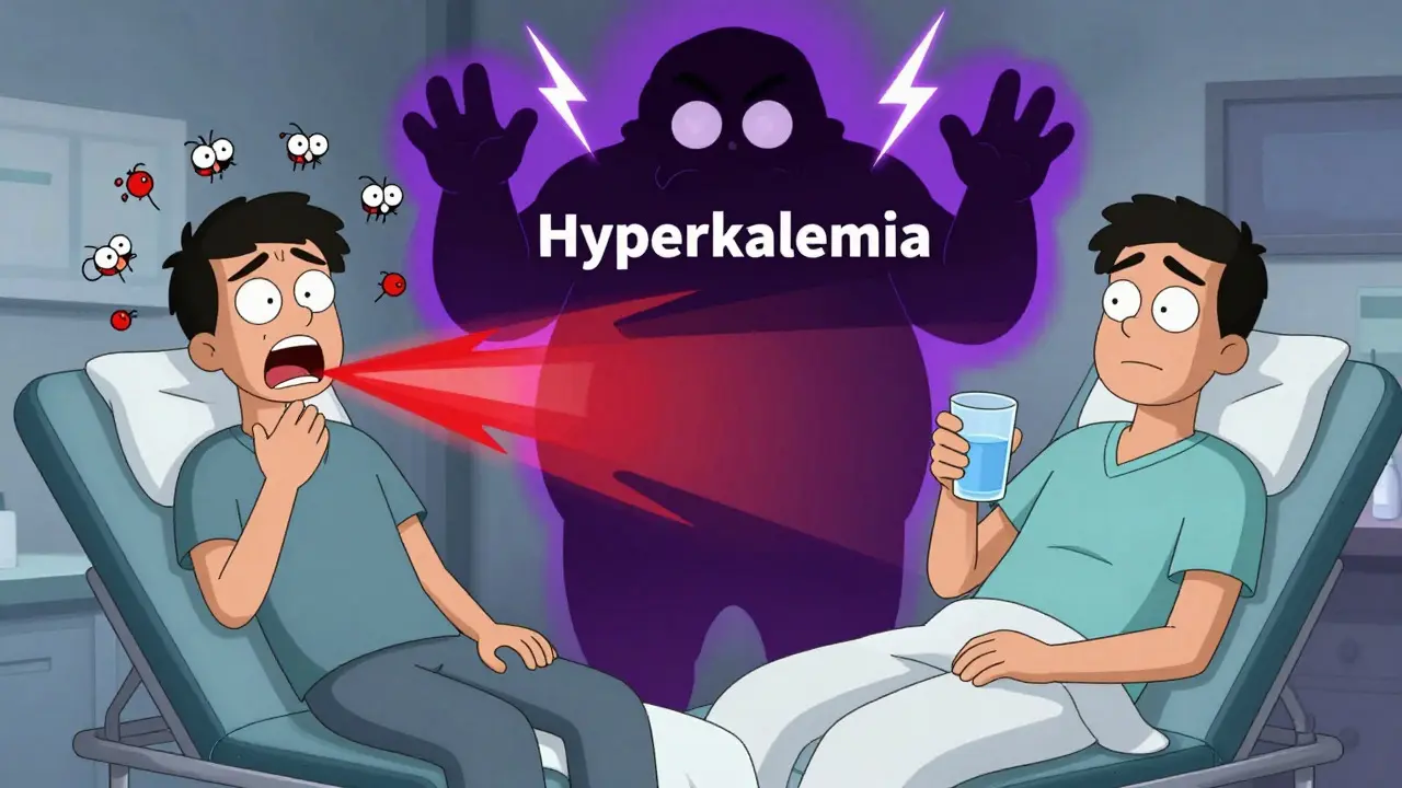 Split screen cartoon showing coughing vs calm patient with a looming hyperkalemia shadow