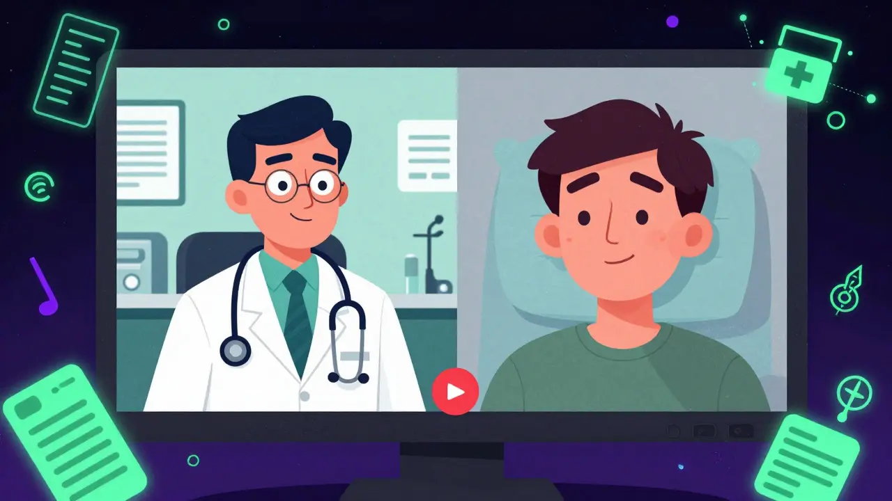 Split-screen video call between doctor and patient in cartoon style